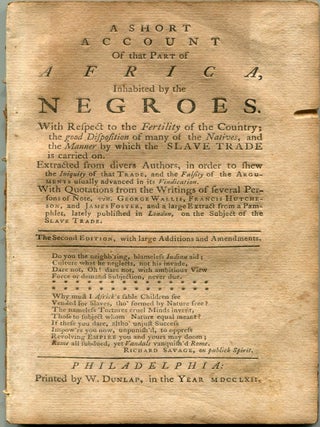 Item #8725 Short Account of that Part of Africa, Inhabited by the Negroes. ANTHONY BENEZET